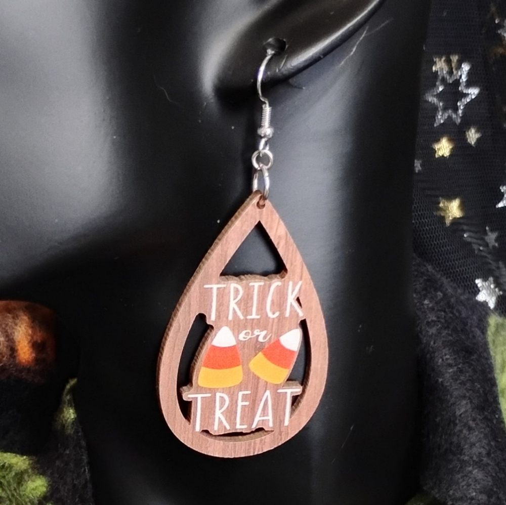 GROOVY GLAM Handmade Halloween Earrings Wooden Lazer Cutout Candy Corn Autumn